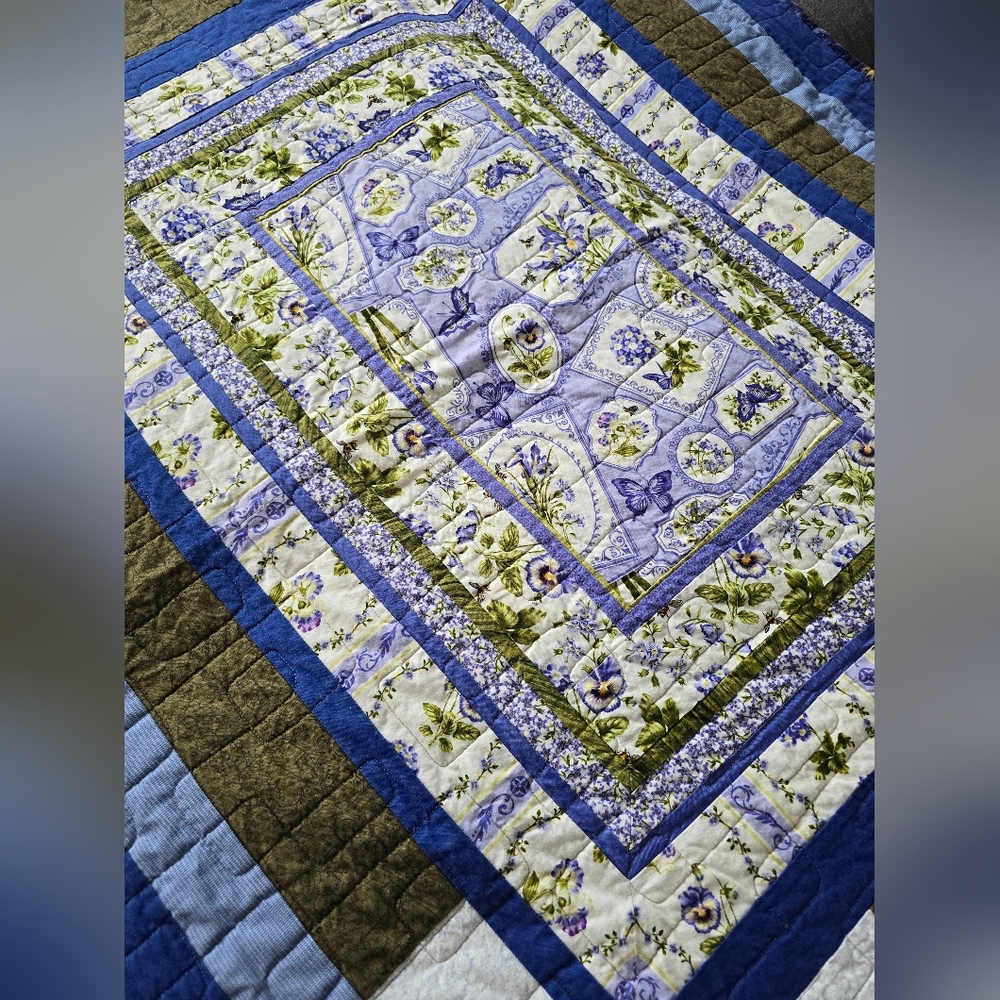 Floral Patchwork Lap Quilt - Blue and Green